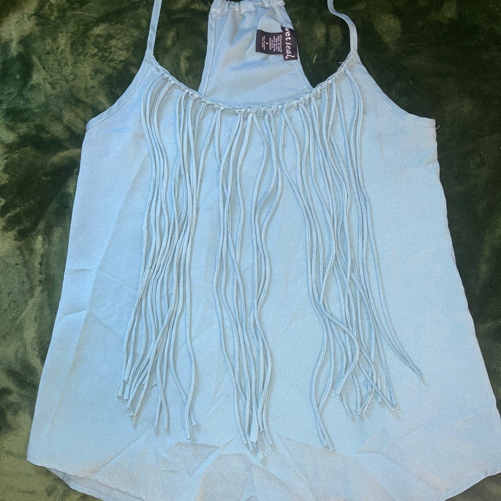 Fringe Detail Light Blue Top